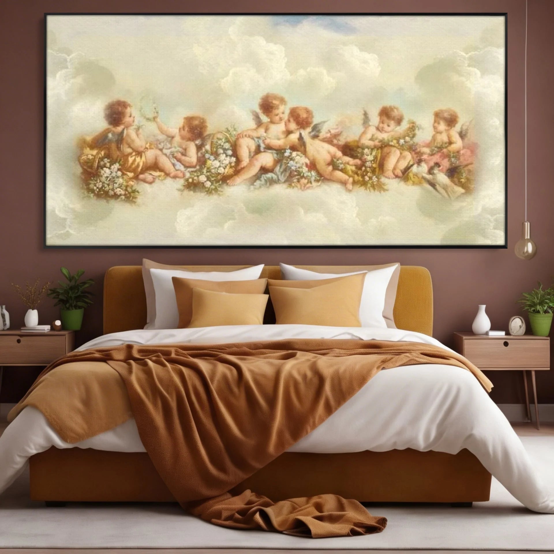 Tablou canvas cu pictura canvas cu ingerase pe nori, in rama de aluminiu negru, pe perete intr-un dormitor